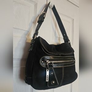 Nine West Black Faux Suede Hobo Shoulder Bag Contrast Stitching Coach Soho Style